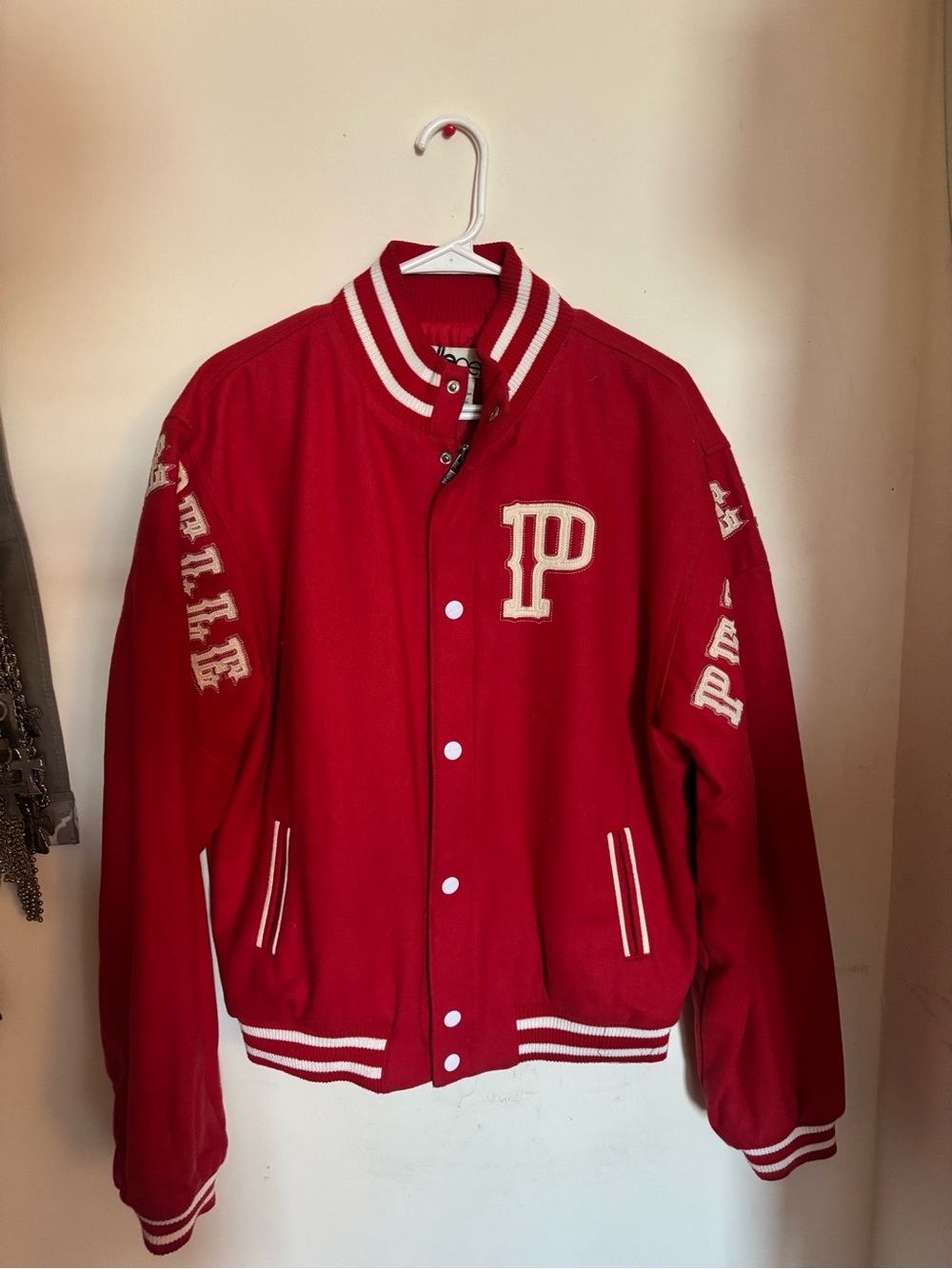 Pelle Pelle Red Varsity Bomber Jacket with White Trim